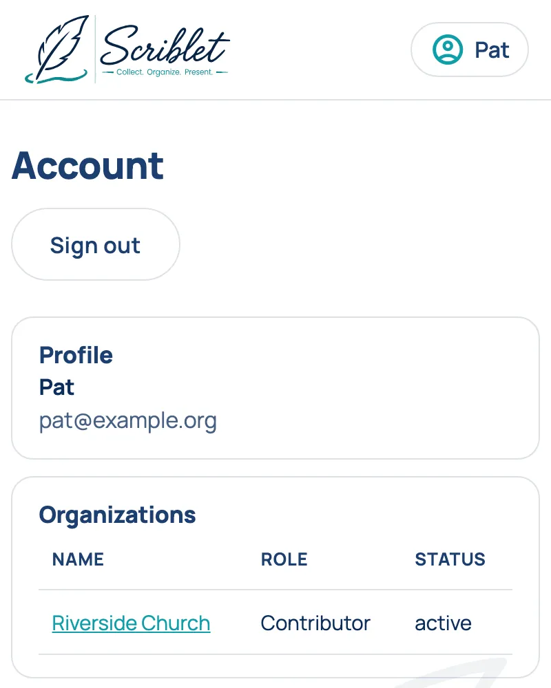 The Account page. Under Organizations, the Role column says Contributor.