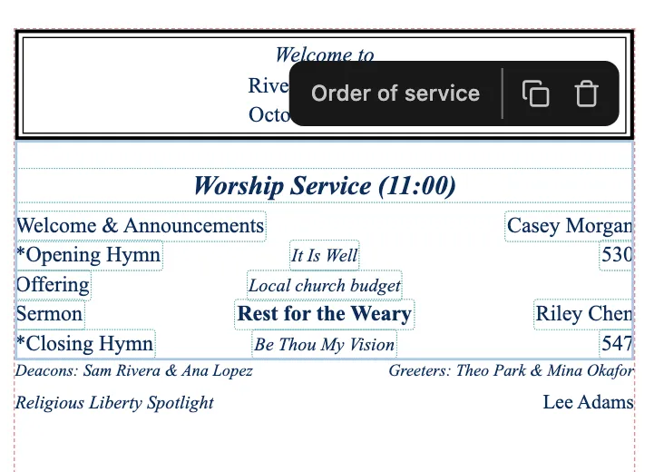 The Order of service block selected on the page, with a dark bar showing its name, the Duplicate button and the Delete button.