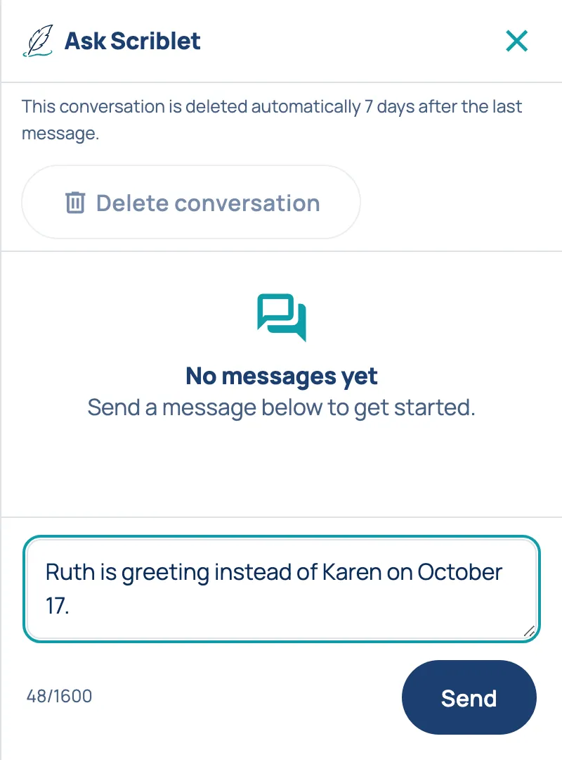 The Ask Scriblet chat, with that message typed in and ready to send.