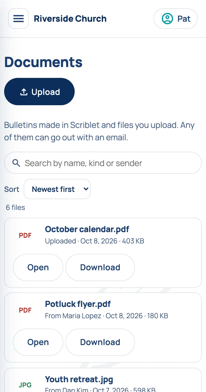 Documents on a phone: the Upload button, a search box, and each file with Open and Download.