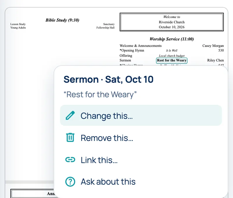 The menu for the sermon on Saturday, October 10: Change this…, Remove this…, Link this… and Ask about this.