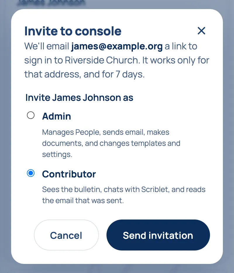 The Invite to console box, with Contributor chosen and the Send invitation button.