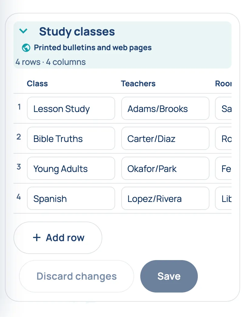 A list called Study classes, opened: its rows of classes, teachers and rooms, with Add row and Save below.