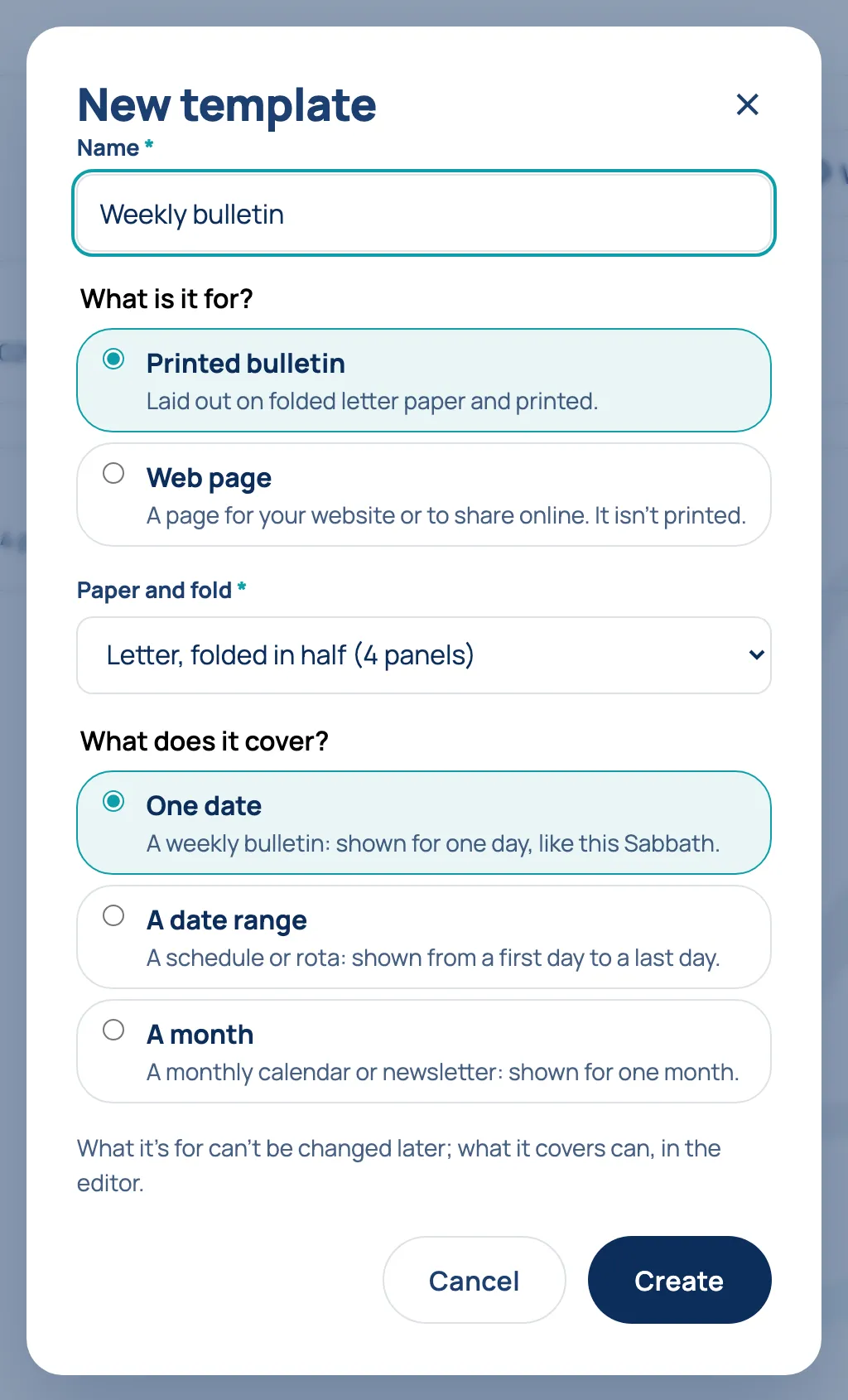 The New template box: Name, What is it for?, Paper and fold, and What does it cover?