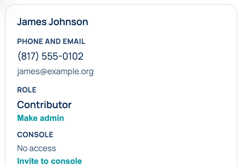 A person’s row on People. Under Console it says “No access”, with Invite to console below.