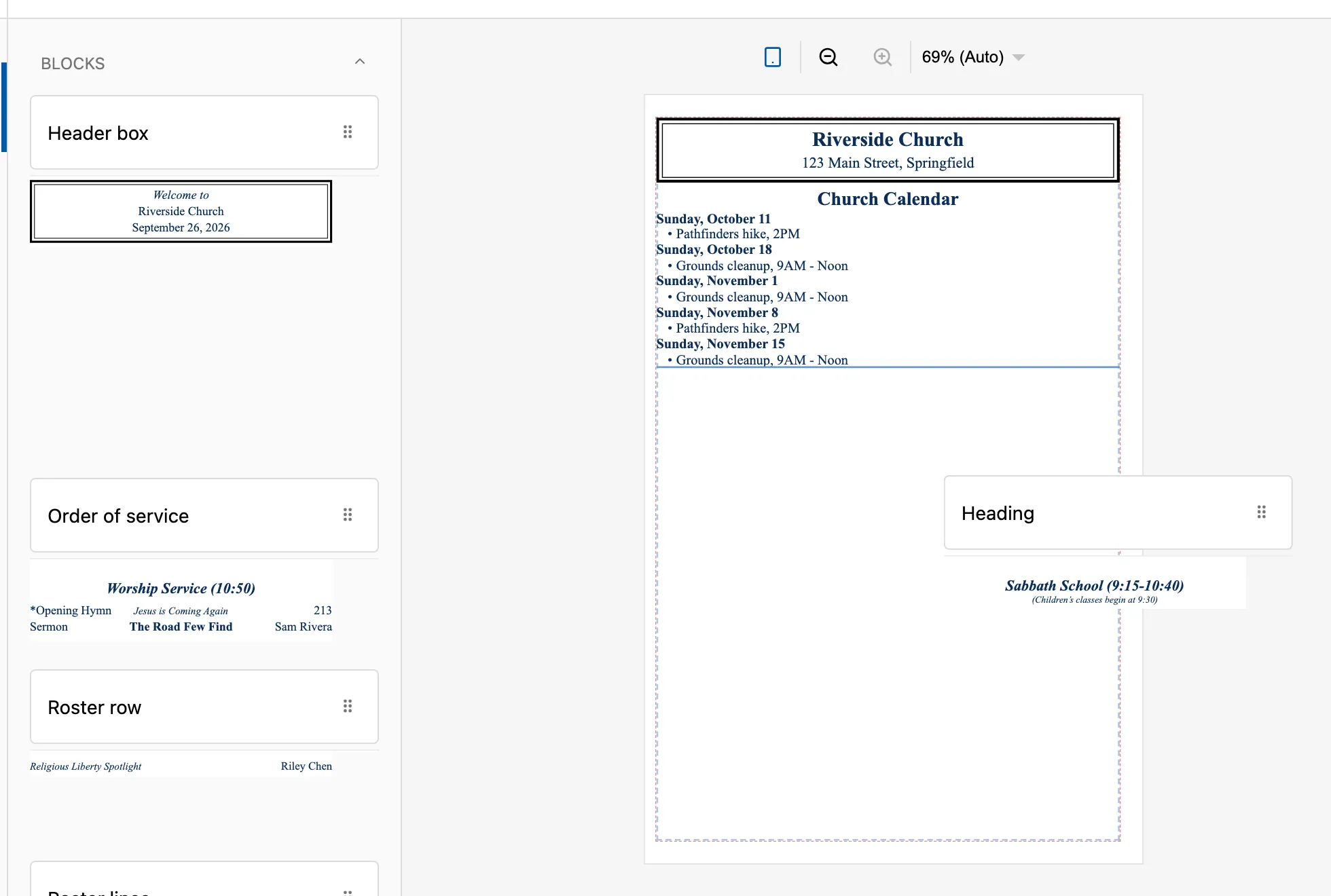 Dragging the Heading block from Blocks onto the page. A blue line on the page shows where it will go.