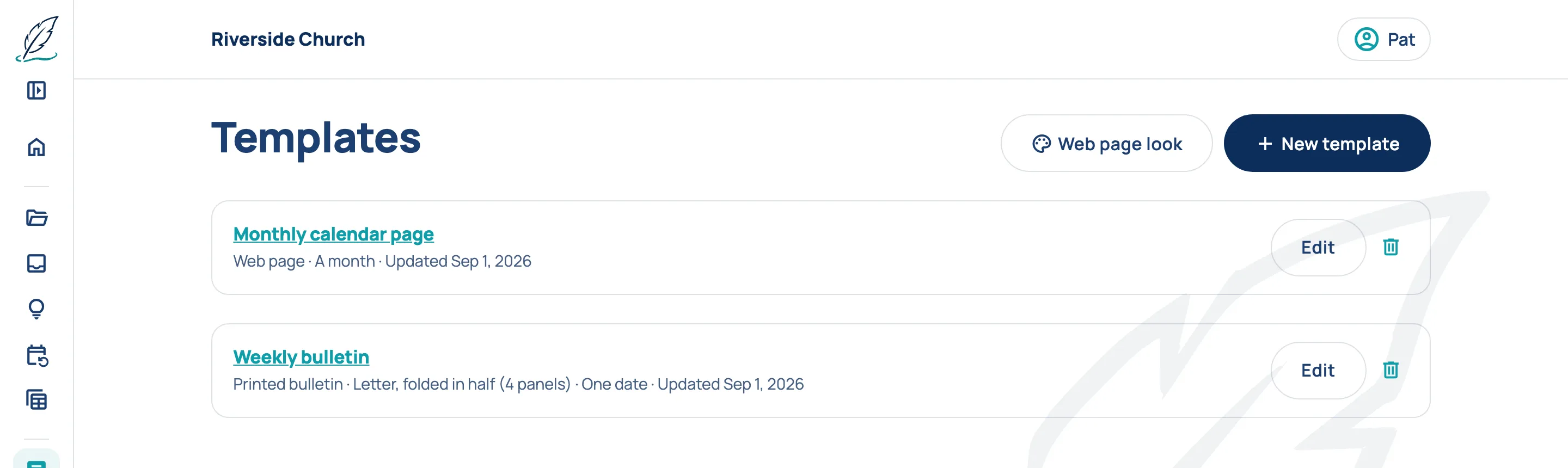 The Templates page, with the New template button at the top right and two templates listed below it.
